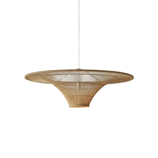 Natural handwoven rattan pendant light with a sculptural funnel silhouette and airy woven texture.