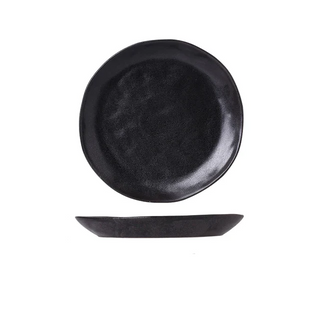 Black porcelain plate with a stoneware-style matte texture, minimal design, and artisanal finish, ideal for serving starters and salads.