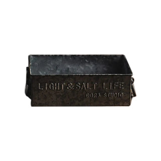 Small handmade black rustic iron metal serving tray with handles, perfect for kitchen and pantry storage. This versatile bread box-style tray adds a vintage touch to homeware collections, ideal for serving, organizing, or decorative display. Crafted from natural materials for a timeless, functional aesthetic.