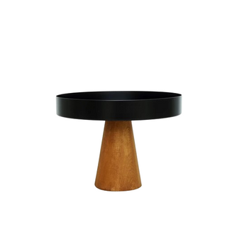 Elegant pedestal cake display stand with a wooden high foot and metal top, perfect for showcasing desserts, fruits, or decorative ornaments. This versatile high stand tray adds a natural and stylish touch to any home décor or dining setting.