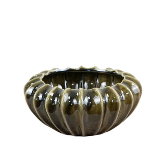 Olive ceramic vessel with fluted pod silhouette and glossy glaze
