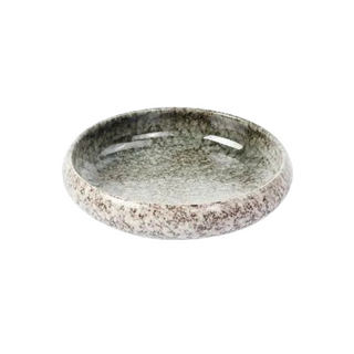 Japanese-inspired artisanal coupe plate with hand-painted glaze, earthy tones, and a matte finish, ideal for gourmet dishes or modern plating.