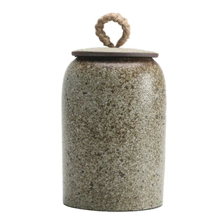 Speckled rustic ceramic kitchen canister with rope lid.