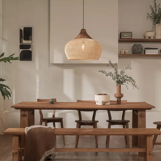 Natural rattan and teak pendant light with bell shape — handmade ceiling lamp for minimalist, boho or coastal interiors.