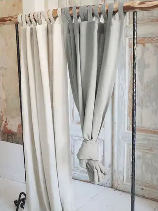 Tab-top, light grey and white Oma linen curtains-perfect for minimalist, modern, scandi and boho interiors.