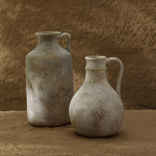 Tami decorative earthy ceramic vases with jug shape and handle – a natural contemporary home décor accessory inspired by Wabi-Sabi aesthetics. Perfect for rustic, natural and minimalist interiors.