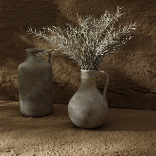 Tami decorative earthy ceramic vases with jug shape and handle – a natural contemporary home décor accessory inspired by Wabi-Sabi aesthetics. Perfect for rustic, natural and minimalist interiors.