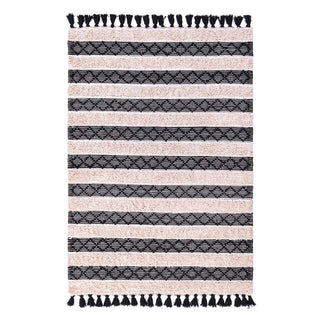 Handwoven Moroccan cotton kilim rug with tufted construction, ivory and black geometric design, and tactile fringe – perfect for Scandi, Boho, or minimalist interiors.