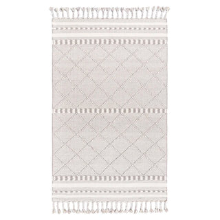 Handwoven taupe and white wool rug with geometric kilim pattern and braided fringe for modern, boho and nordic interiors.