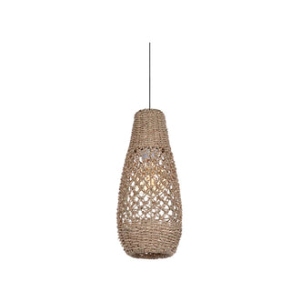 Handwoven seagrass pendant light with teardrop shape - perfect for wabi sabi, contemporary, minimalist decor.