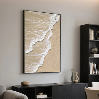 Beige and white textured canvas wall art inspired by tidal waves in a modern living room setting.