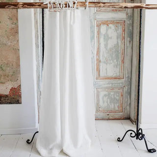 White tie top pre-washed linen curtain panel — pure linen window curtain with soft drape and textured finish. Ideal for earthy, minimalist, and Scandi-inspired natural home décor. Available at Arkaim Home.