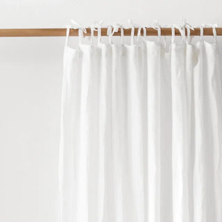 White tie top pre-washed linen curtain panel — pure linen window curtain with soft drape and textured finish. Ideal for earthy, minimalist, and Scandi-inspired natural home décor. Available at Arkaim Home.