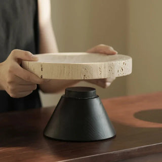 Travertine pedestal deco tray with smoked cedar base, perfect for table styling or decorative display.