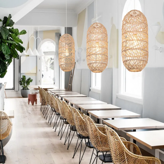 Melati handwoven rattan tubular pendant lampshades – natural boho ceiling lights perfect for modern, Scandinavian, and rustic home decor. These eco-friendly hanging lamps add warmth and texture to living spaces, dining rooms, or bedrooms. Ideal for creating a cozy and stylish ambiance.