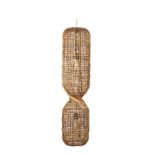 Handwoven Twister Abaca Pendant Light with open-bottom fish trap design and natural bark weave—artisan lighting with a coastal touch.