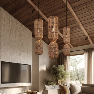Twister Abaca Pendant Light – handwoven natural abaca ceiling light with twisted fish trap design, sustainable boho lighting for modern, wabi sabi and rustic interiors.