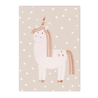 Boho nursery canvas art print with unicorn design. Colourful kids wall art for nursery or play room.