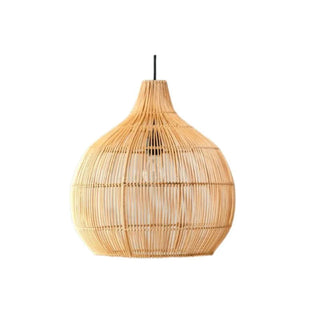 Handcrafted bamboo pendant light with tulip shape and neutral finish, ideal for boho and minimalist interiors.
