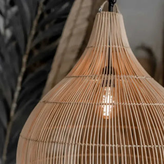 Handcrafted bamboo pendant light with tulip shape and neutral finish, ideal for boho and minimalist interiors.