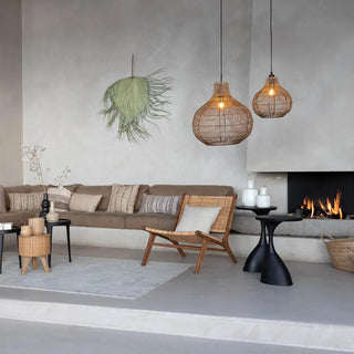 Natural bamboo ceiling lights with curved shape and minimalist design for scandi, modern and boho interiors.