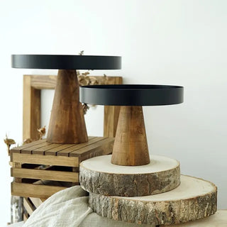 Handmade wooden cake stand with matte finish, ideal for displaying small to medium cakes and baked goods.