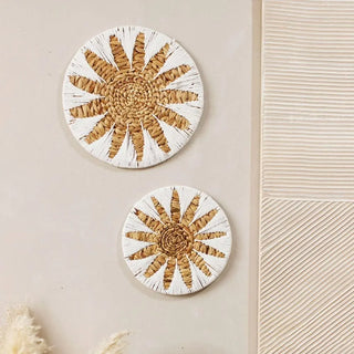 Two round woven wall basket in a modern interior.