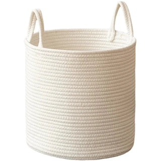 White cotton rope storage basket with handles for toys, towels, blankets, or laundry.