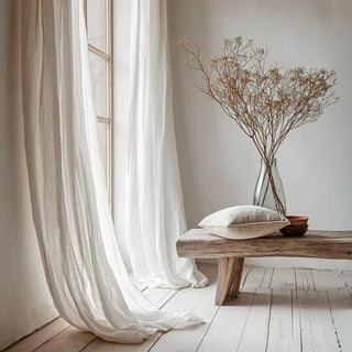 White linen rod pocket curtain panel — natural linen window curtain with soft drape and textured finish. Ideal for earthy, minimalist, and Scandi-inspired natural home décor. Available at Arkaim Home.