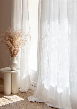 White linen rod pocket curtain panel — natural linen window curtain with soft drape and textured finish. Ideal for earthy, minimalist, and Scandi-inspired natural home décor. Available at Arkaim Home.
