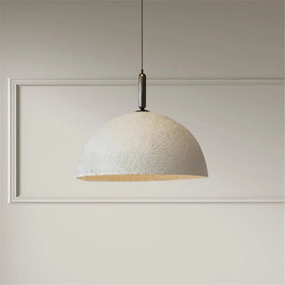 White metal dome pendant light with textured matte finish hanging for modern, minimalist and Scandi interiors.