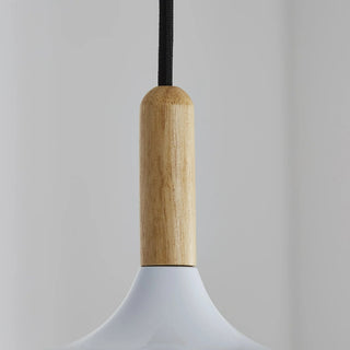 Close-up of a pendant light with wooden fixture and white metal shade 