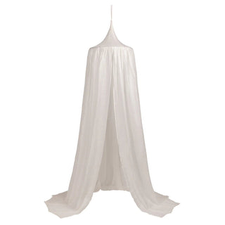 White cotton nursery canopy with a conical top and draped fabric, ideal for creating a cosy reading nook or dreamy play space in a child's room.