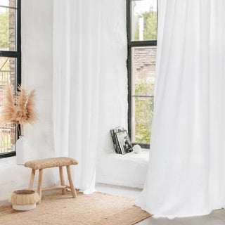 White tie top pre-washed linen curtain panel — pure linen window curtain with soft drape and textured finish. Ideal for earthy, minimalist, and Scandi-inspired natural home décor. Available at Arkaim Home.