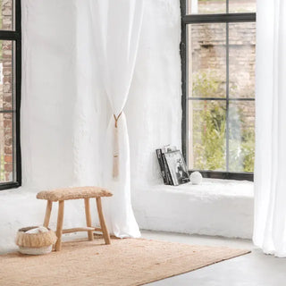 White tie top pre-washed linen curtain panel — pure linen window curtain with soft drape and textured finish. Ideal for earthy, minimalist, and Scandi-inspired natural home décor. Available at Arkaim Home.