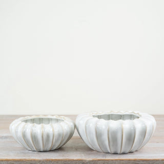 Decorative white ceramic bowls with rounded textured form for coffee table, console or shelf styling