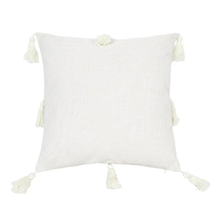 Raya linen blend cushion cover in soft white with tassels on each side, eco-friendly and versatile for sofas, beds, or armchairs.