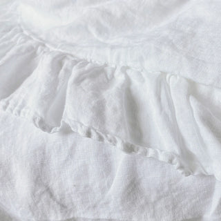 Close-up of white ruffled linen bedding.