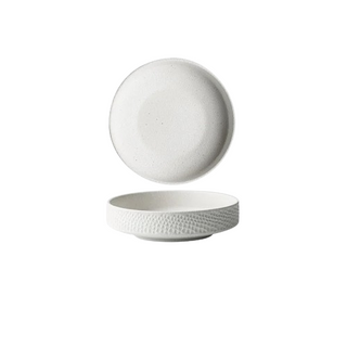 White embossed ceramic deep plates in white, and black from the Suki collection by Arkaim Home. Ideal for ramen, pasta, salad and fruits.