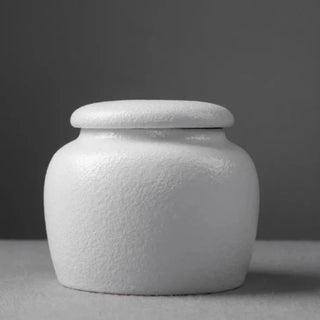 White ceramic storage jar with textured finish, curved silhouette, and air-tight lid, ideal for minimalist kitchen storage of tea, coffee, or herbs.