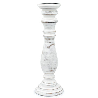 Large whitewashed wooden candle holder with a turned, ribbed design for  rustic, coastal and natural interiors.