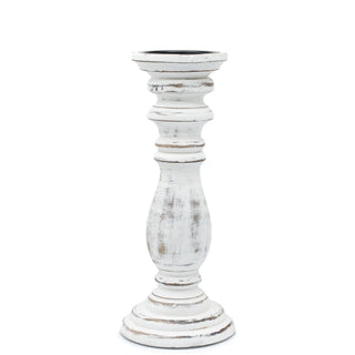 Medium sized whitewashed wooden candle holder with a turned, ribbed design for  rustic, coastal and natural interiors.