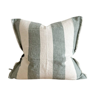 Wide striped teal and off-white linen cushion with soft stonewashed texture.