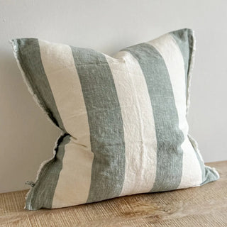 Wide striped teal and white linen cushion for modern, coastal and relaxed interiors.