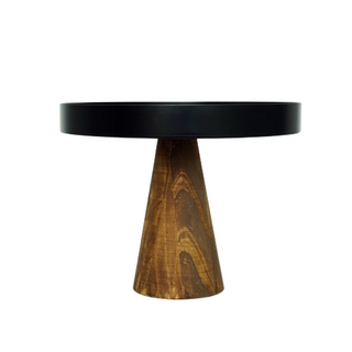 Elegant pedestal cake display stand with a wooden high foot and metal top, perfect for showcasing desserts, fruits, or decorative ornaments. This versatile high stand tray adds a natural and stylish touch to any home décor or dining setting.
