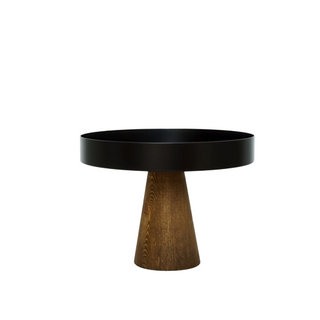 Elegant pedestal cake display stand with a wooden high foot and metal top, perfect for showcasing desserts, fruits, or decorative ornaments. This versatile high stand tray adds a natural and stylish touch to any home décor or dining setting.