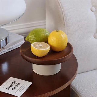 Small wooden cake stand on a beige pedestal for serving cupcakes, fruits and pastries, Arkaim Home
