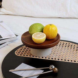 Small wooden bowl on a beige pedestal stand for serving cupcakes, fruits and pastries, Arkaim Home