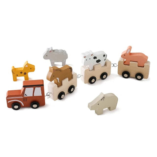 Wooden Montessori farmyard pull-along toy with animal figures and nesting shapes, designed for toddler learning and play.