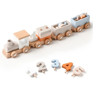 Montessori wooden train set with locomotive and carriages in neutral tones, ideal for toddler play and learning.